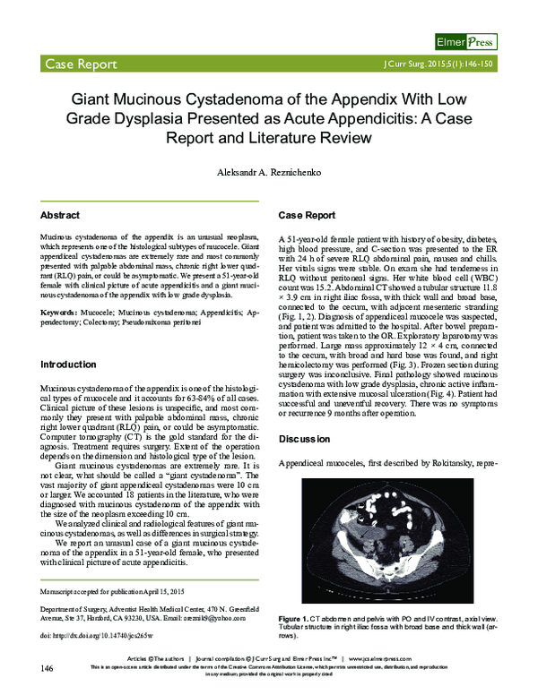 (PDF) Giant Mucinous Cystadenoma of the Appendix With Low Grade ...