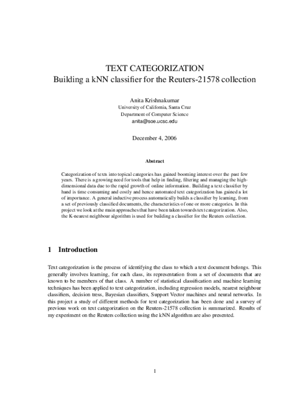 (PDF) TEXT CATEGORIZATION Building a kNN classifier for the Reuters ...