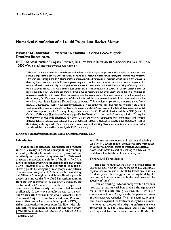 (PDF) Numerical Simulation of a Liquid Propellant Rocket Motor