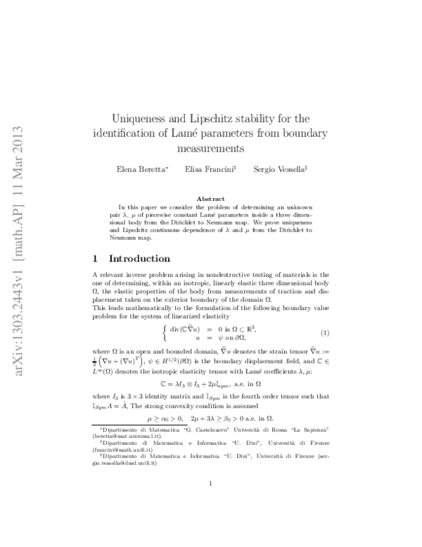 (PDF) Uniqueness and Lipschitz stability for the identification of Lamé ...