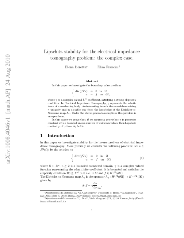 (PDF) Lipschitz Stability for the Electrical Impedance Tomography ...