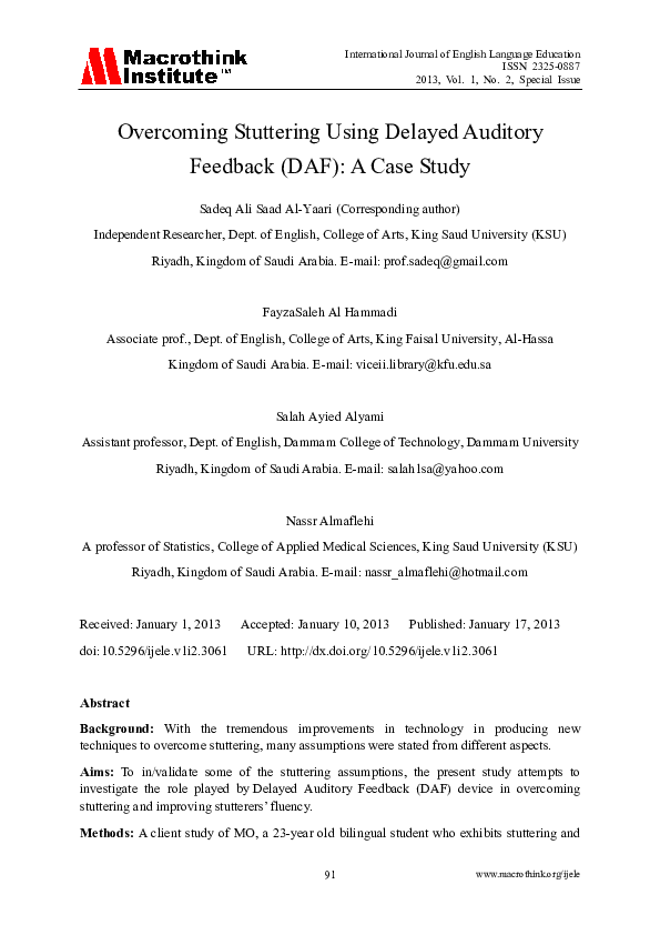 (PDF) Stuttering Using Delayed Auditory Feedback (DAF) A