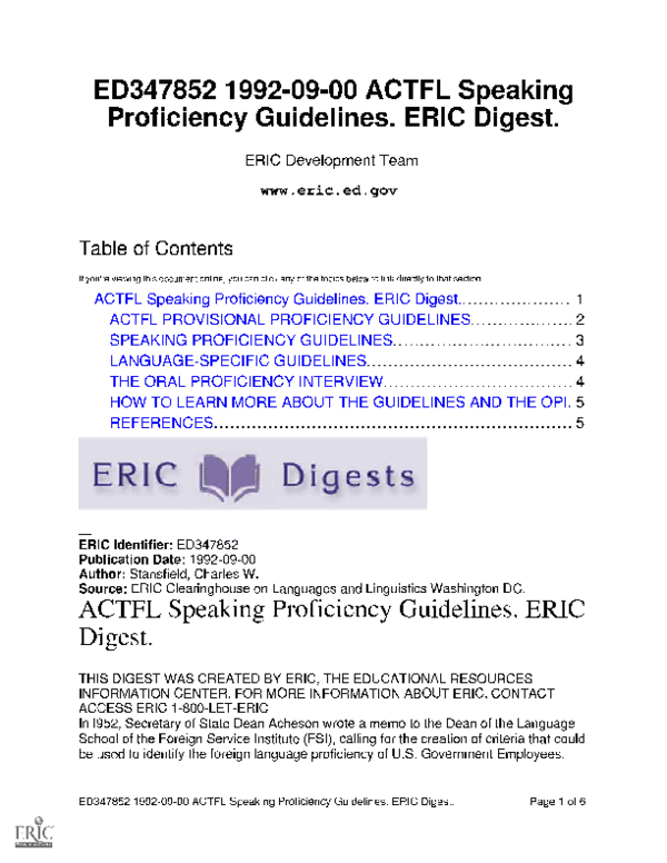 (PDF) ACTFL Speaking Proficiency Guidelines. ERIC Digest