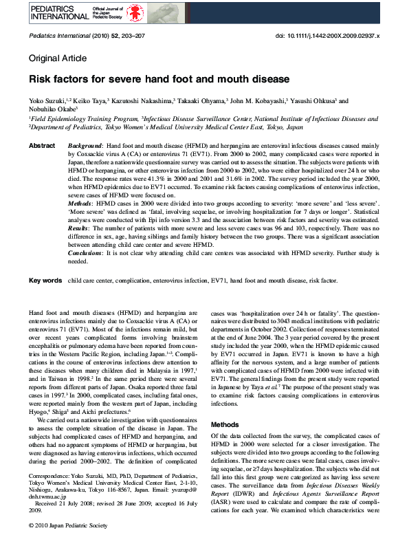 (PDF) Risk factors for severe hand foot and mouth disease