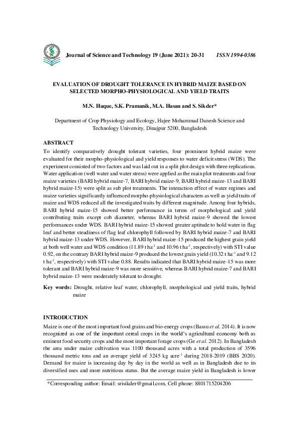 (PDF) EVALUATION OF DROUGHT TOLERANCE IN HYBRID MAIZE BASED ON SELECTED ...