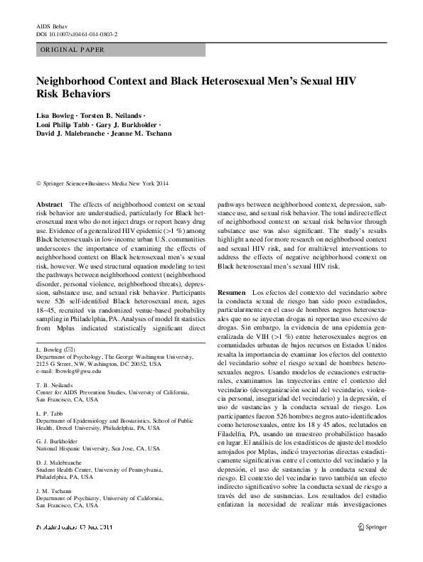 (PDF) Neighborhood context and Black heterosexual men's sexual HIV risk ...