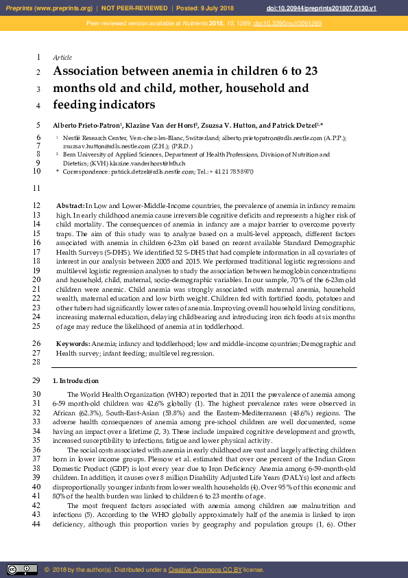 (PDF) Association between Anemia in Children 6 to 23 Months Old and ...