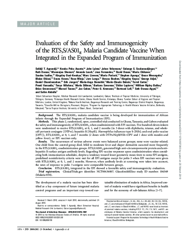 (PDF) Evaluation of the Safety and Immunogenicity of the RTS,S/AS01 E ...