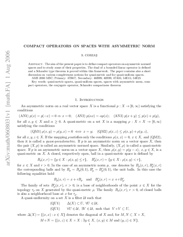(PDF) Compact operators on spaces with asymmetric norm