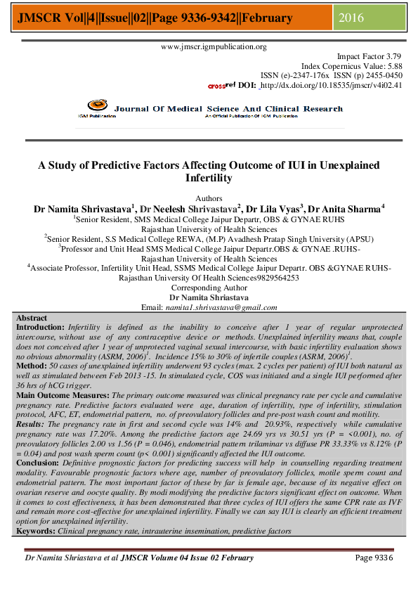 (PDF) A Study of Predictive Factors Affecting Outcome of IUI in ...