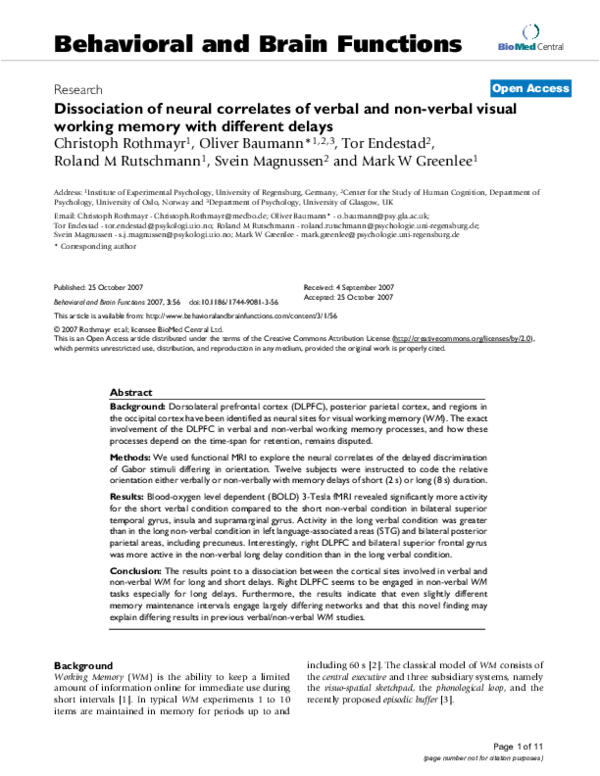 (PDF) Dissociation of neural correlates of verbal and non-verbal visual ...