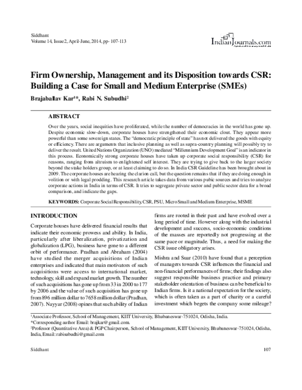 (PDF) Firm Ownership, Management & its disposition towards CSR ...
