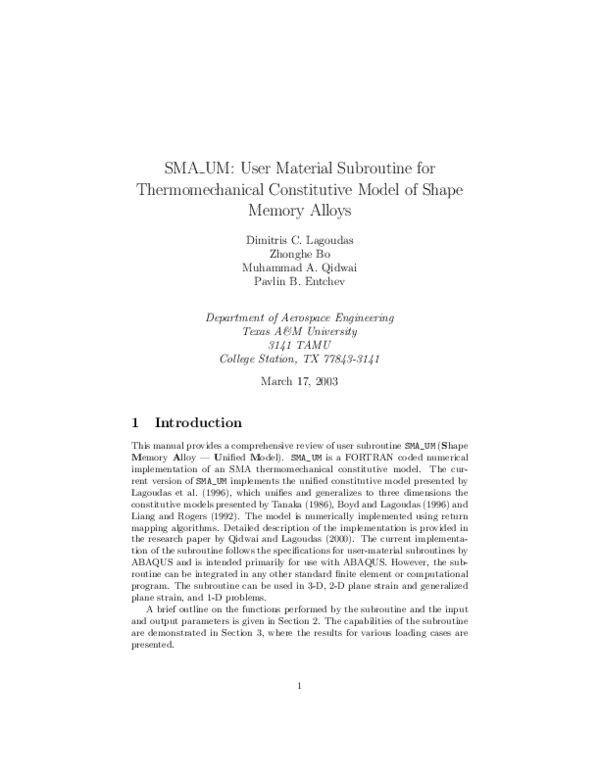 (PDF) SMA UM: User Material Subroutine for Thermomechanical ...