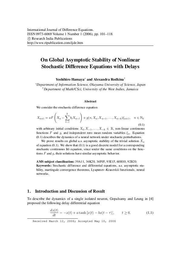 (PDF) On Global Asymptotic Stability of Nonlinear Stochastic Difference ...