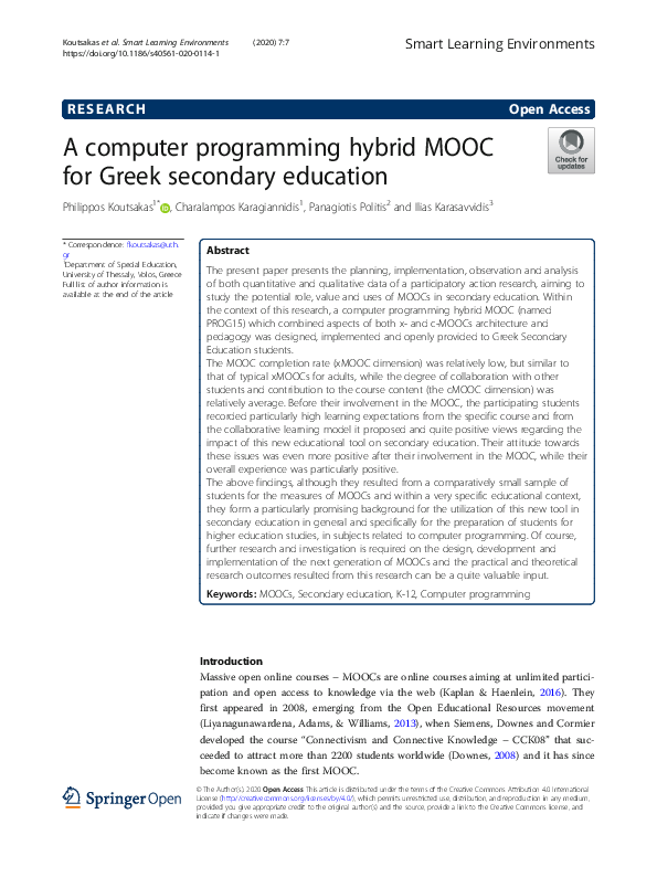 (PDF) A computer programming hybrid MOOC for Greek secondary education