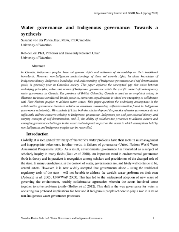 (PDF) Water governance and Indigenous governance: Towards a synthesis
