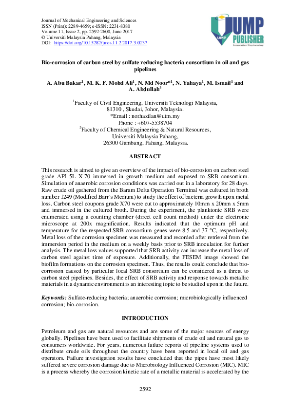 (PDF) Bio-corrosion of carbon steel by sulfate reducing bacteria ...