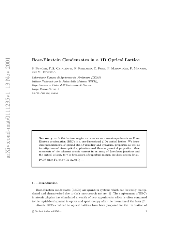 (PDF) Bose-Einstein Condensates in an Optical Lattice