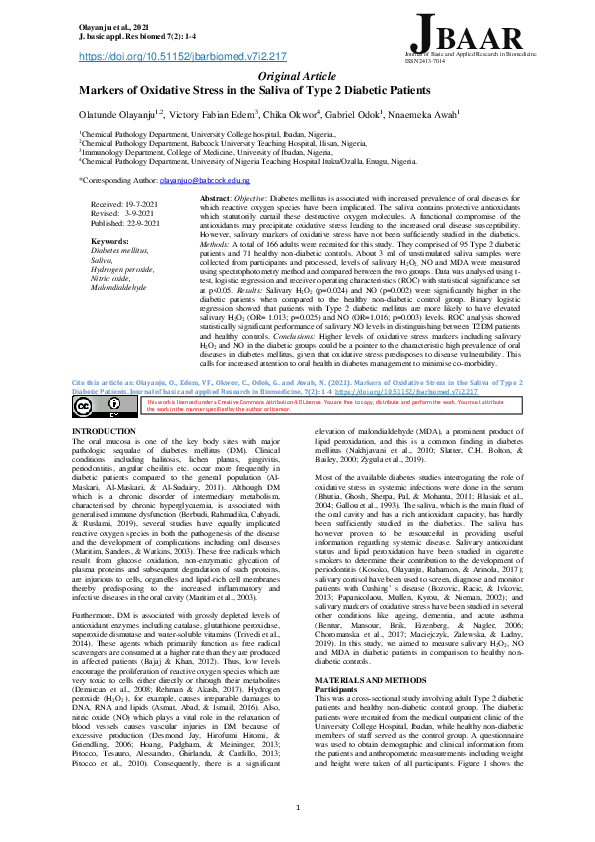 (PDF) Markers of Oxidative Stress in the Saliva of Type 2 Diabetic Patients