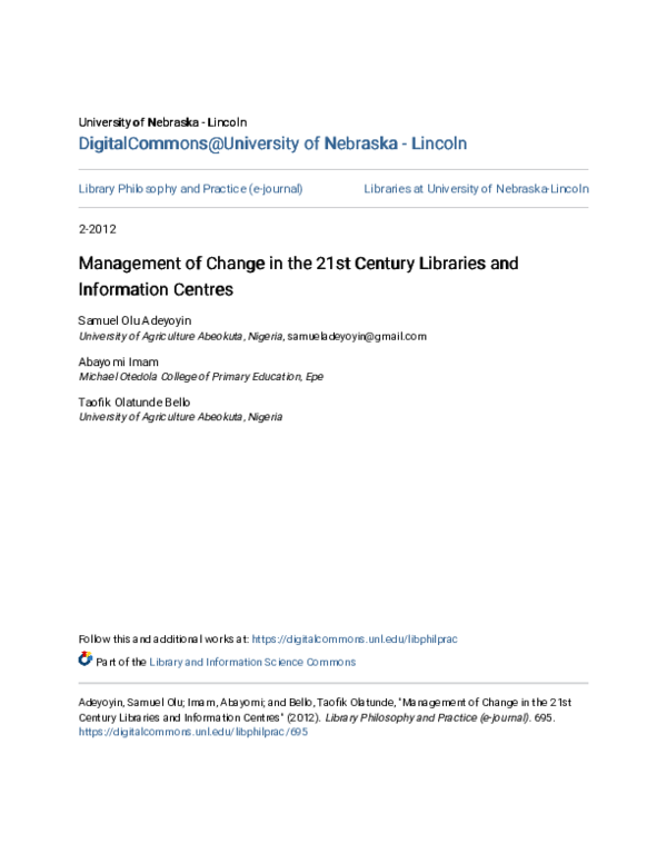 (PDF) Management of Change in the 21 st Century Libraries and ...