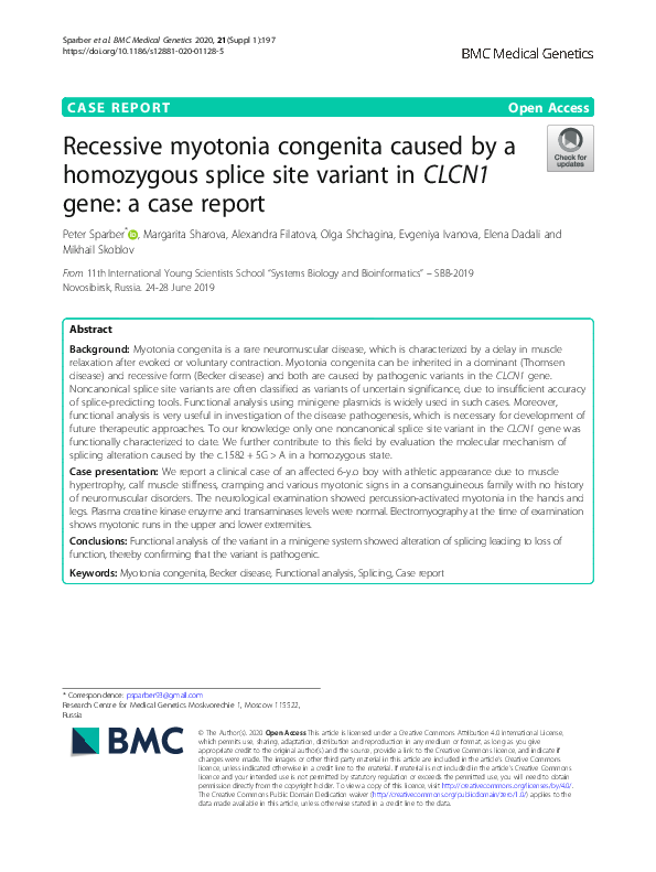 (PDF) Recessive myotonia congenita caused by a homozygous splice site ...