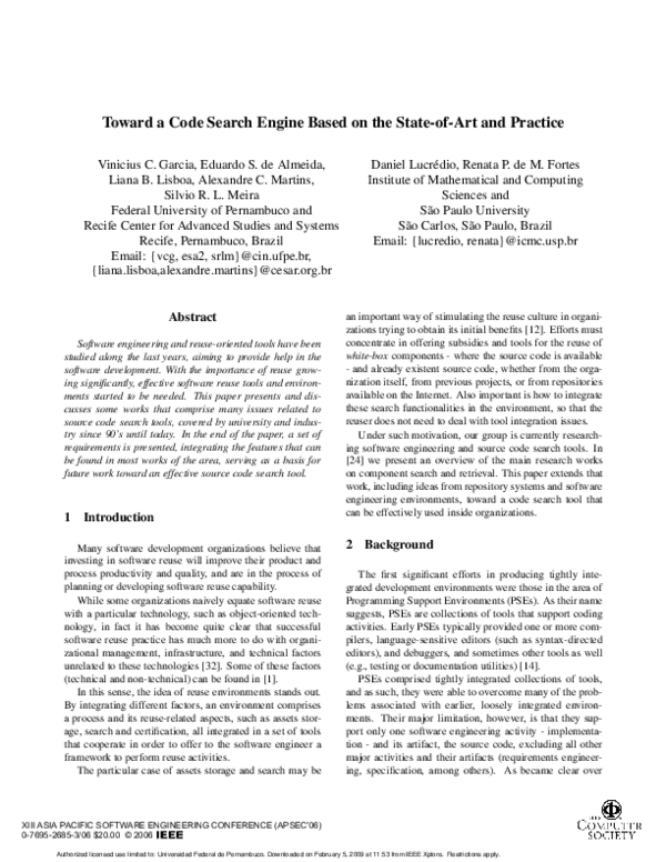 (PDF) Toward a Code Search Engine Based on the State-of-Art and Practice