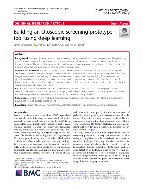 (PDF) Building an Otoscopic screening prototype tool using deep learning
