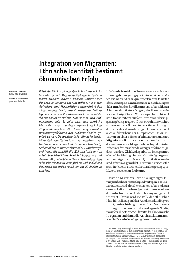 (PDF) Integration von Migranten: ethnische Identität bestimmt ökonomischen Erfolg | Amelie F ...