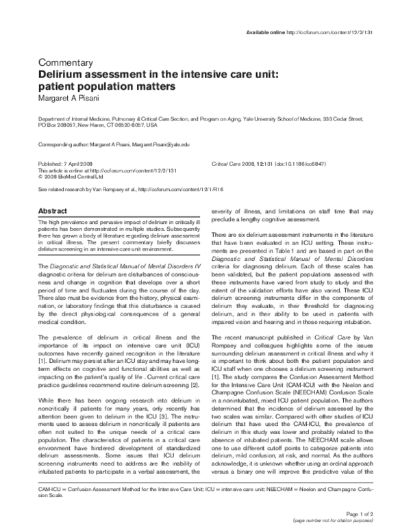 (PDF) Delirium assessment in the intensive care unit: patient ...