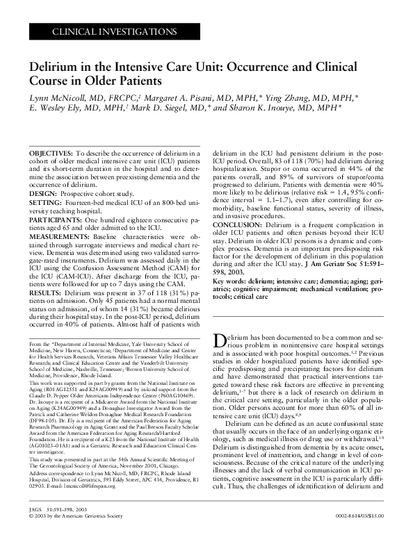 (PDF) Delirium in the Intensive Care Unit: Occurrence and Clinical ...