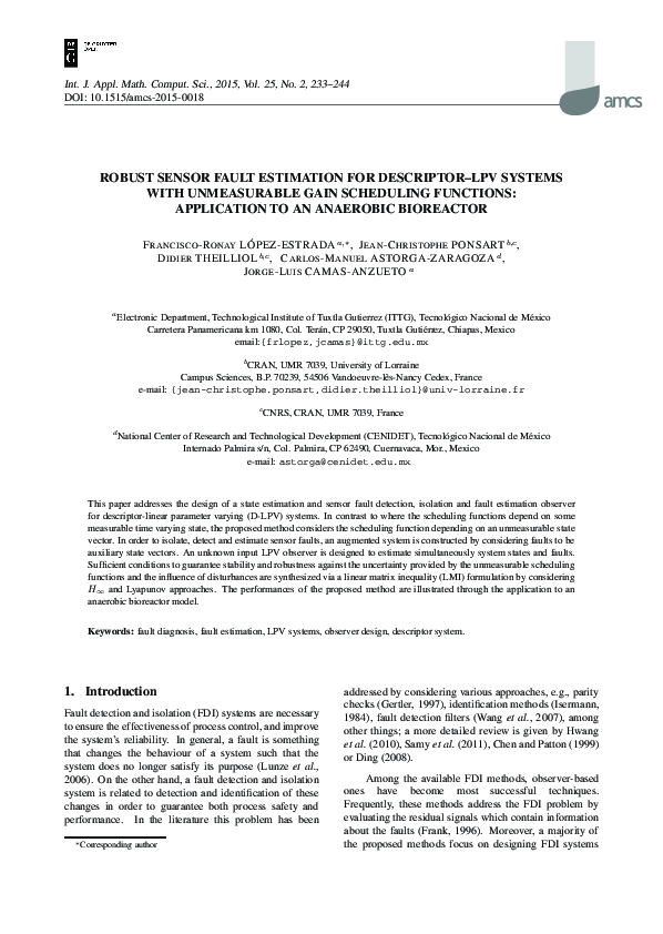 (PDF) Robust Sensor Fault Estimation for Descriptor–LPV Systems with ...