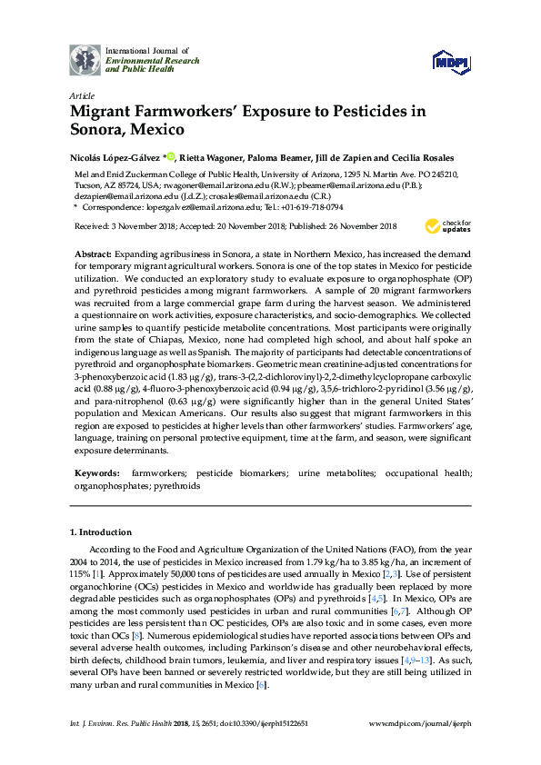 (PDF) Migrant Farmworkers’ Exposure to Pesticides in Sonora, Mexico