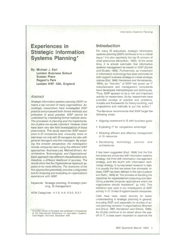 (PDF) Experiences in strategic information systems planning