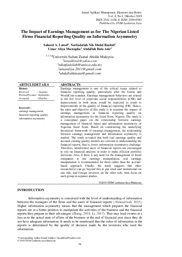 (PDF) The Impact of Earnings Management as for The Nigerian Listed ...