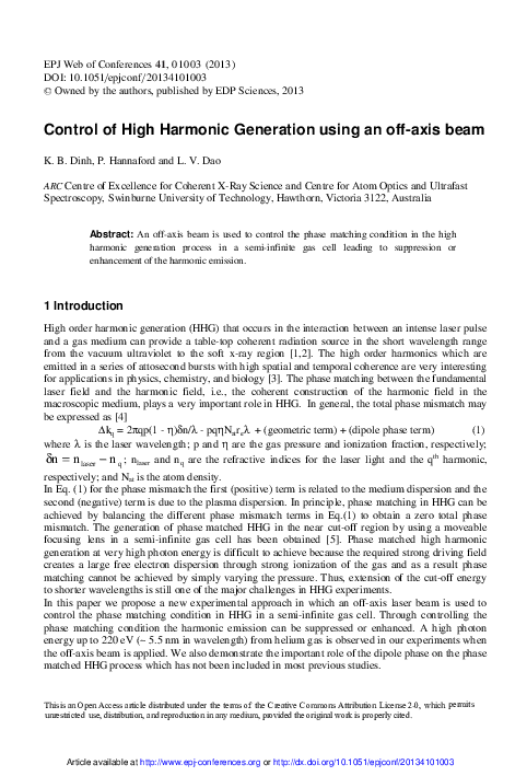 (PDF) Control of High Harmonic Generation using an off-axis beam