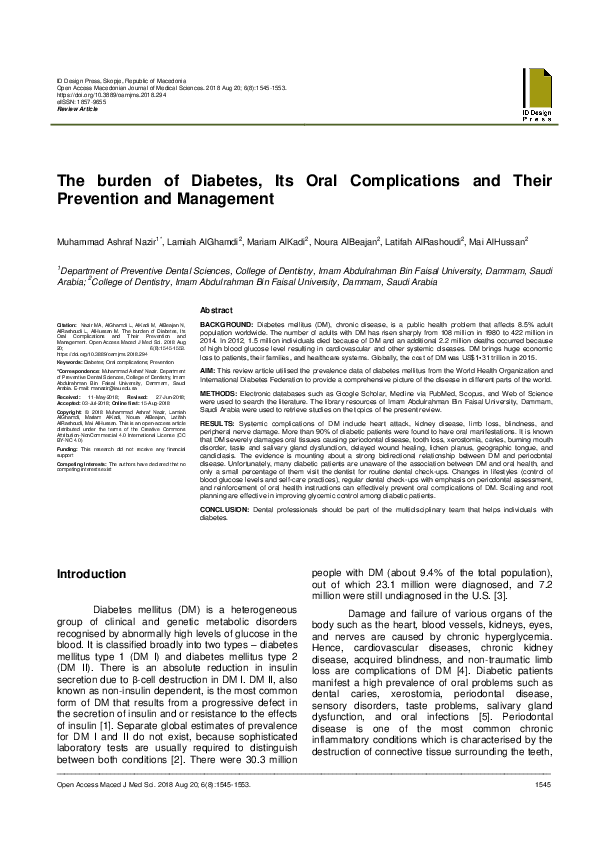 (PDF) The burden of Diabetes, Its Oral Complications and Their ...