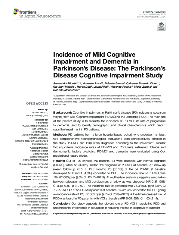 (PDF) Incidence of Mild Cognitive Impairment and Dementia in Parkinson ...