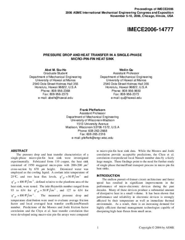 (PDF) Pressure Drop and Heat Transfer in a SinglePhase MicroPinFin