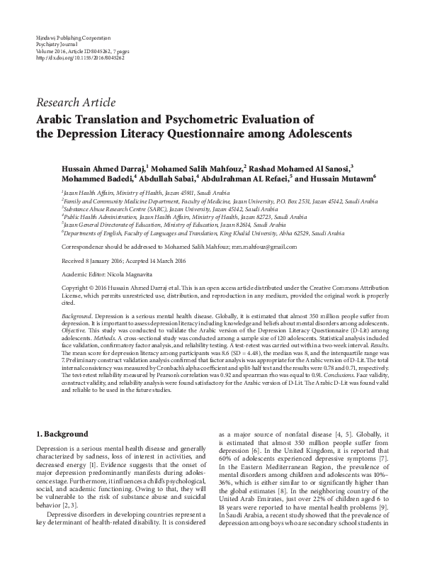 (PDF) Arabic Translation and Psychometric Evaluation of the Depression ...