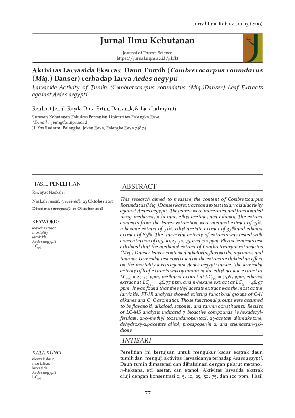 (PDF) Aktivitas Larvasida Ekstrak Daun Tumih (Combretocarpus rotundatus ...