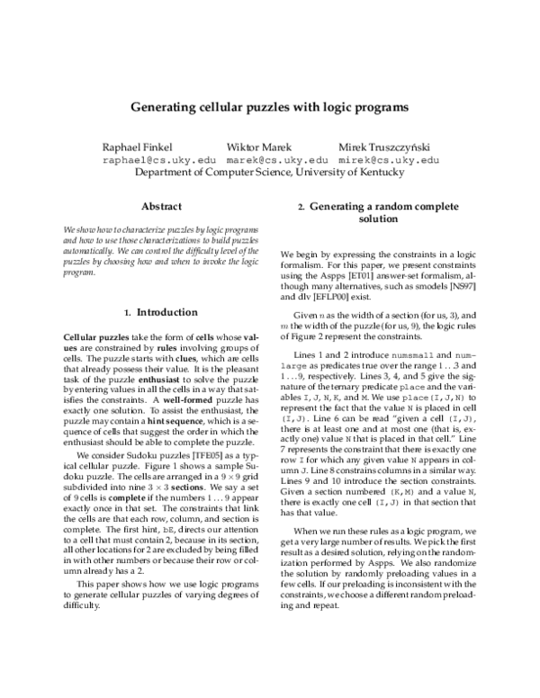  PDF Generating Cellular Puzzles With Logic Programs Raphael Finkel 