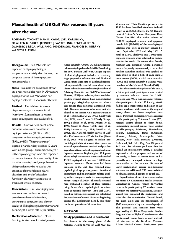 (PDF) Mental health of US Gulf War veterans 10 years after the war