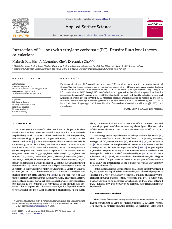 (PDF) Interaction of Li+ ions with ethylene carbonate (EC): Density ...