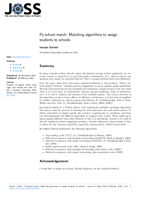 (PDF) Py-school-match: Matching algorithms to assign students to schools