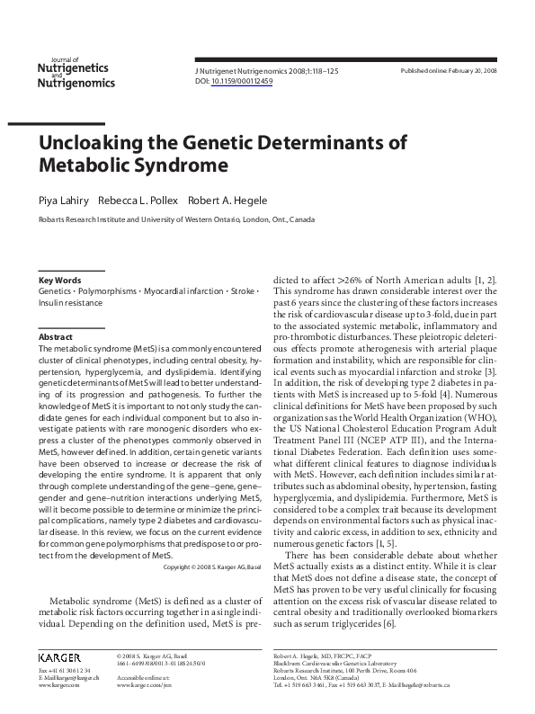 (PDF) Uncloaking the Genetic Determinants of Metabolic Syndrome