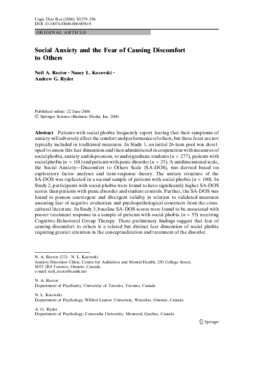 (PDF) Social Anxiety and the Fear of Causing Discomfort to Others ...