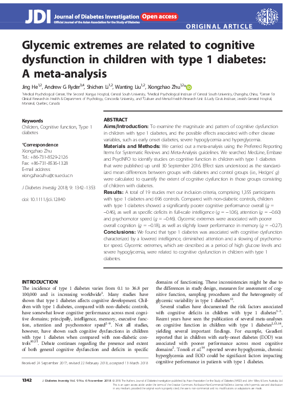 (PDF) Glycemic extremes are related to cognitive dysfunction in ...