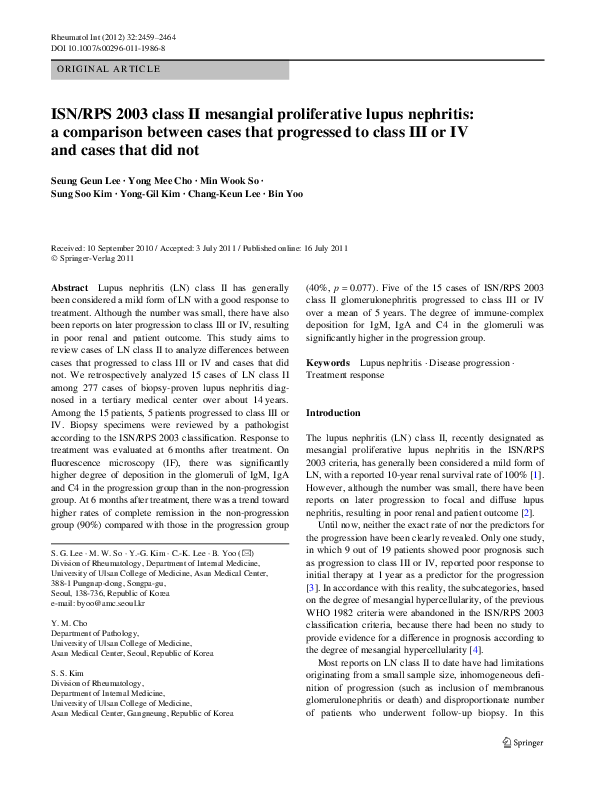 (PDF) ISN/RPS 2003 class II mesangial proliferative lupus nephritis: a ...