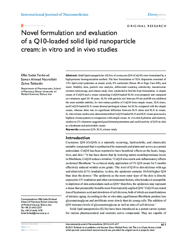 (PDF) Novel formulation and evaluation of a Q10-loaded solid lipid ...