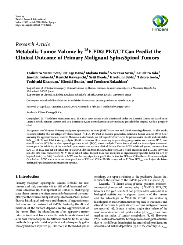 (PDF) Metabolic Tumor Volume by (18)F-FDG PET/CT Can Predict the ...